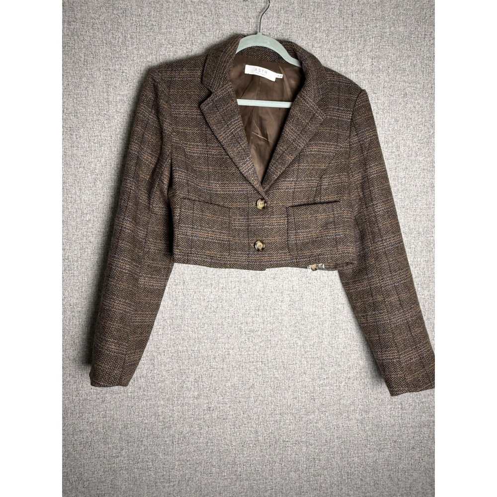 ASTR The Label Siarah Cropped Blazer Brown Blue Herringbone‎ Plaid Tweed Med